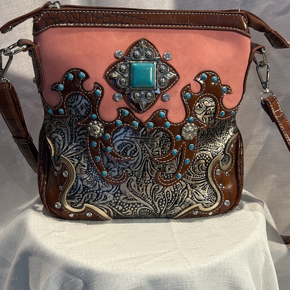 Western Crossbody Bag Pink Turquoise Concho Rhinestone Tooled Boho Purse